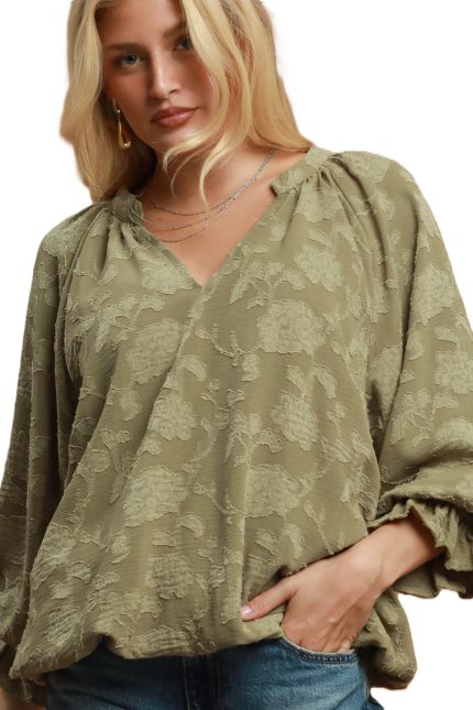 Jacquard Textured Floral V-neck Blouse