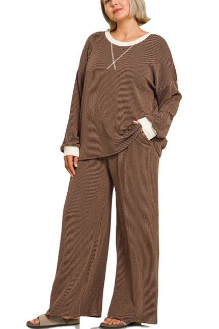 Plus Raised Rib Round Neck Pullover And Pants Set