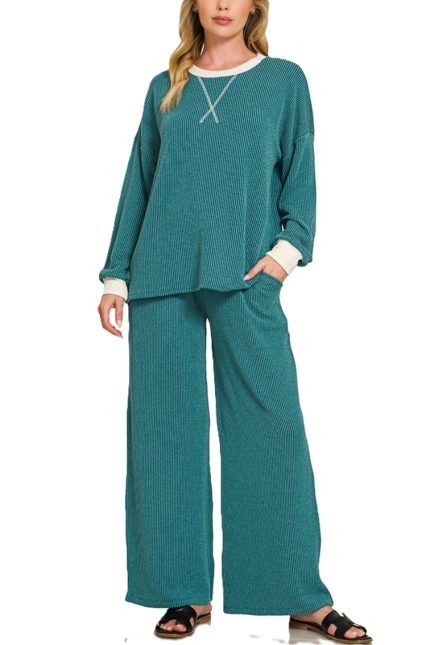 Raised Rib Round Neck Pullover And Pants Set