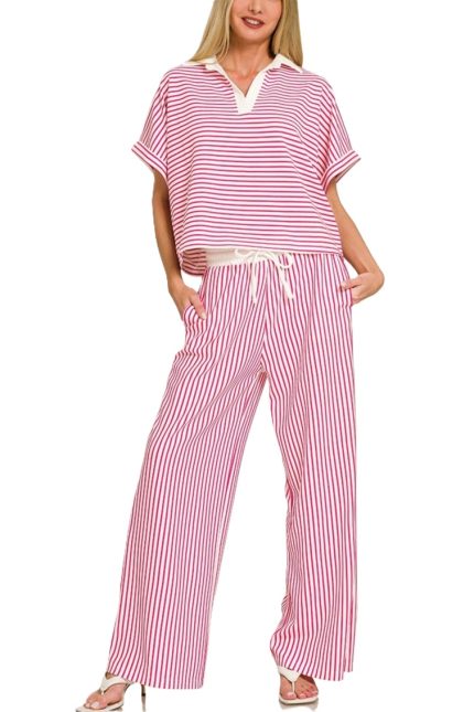 Striped Split Neck Collared Top And Pants Set