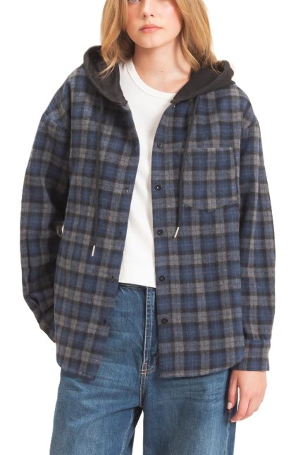 Hooded Plaid Button-up Shirt