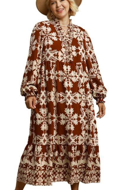 Plus Mix Border Print Ruffle Maxi Dress