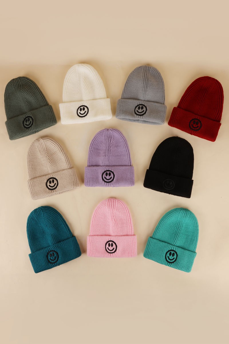 Smiley Embroidered Ribbed Cuff Beanie
