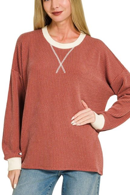 Raised Rib Round Neck Pullover