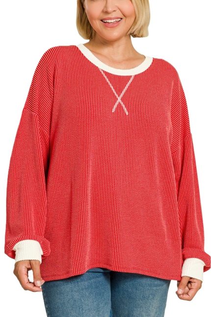 Plus Raised Rib Round Neck Pullover