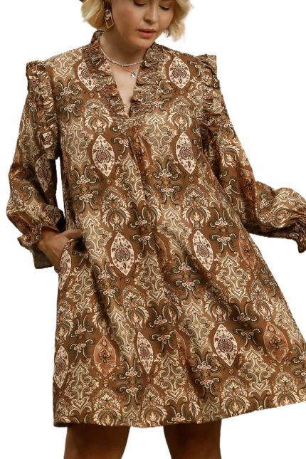 Plus Ornate Paisley Print Ruffle Trim Dress