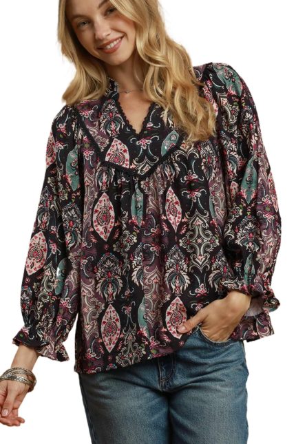 Paisley Print Lace Trim Babydoll Blouse