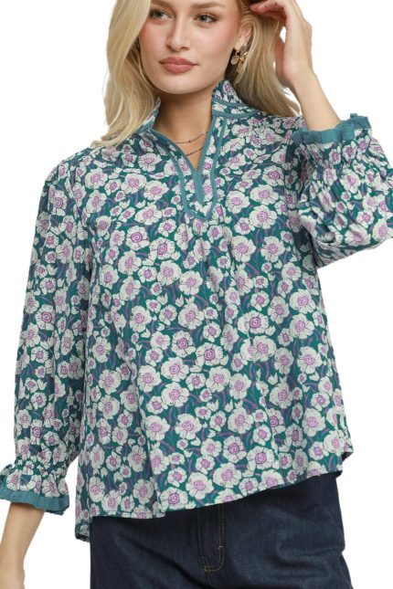 Mix Floral Print Mandarin Collar Blouse