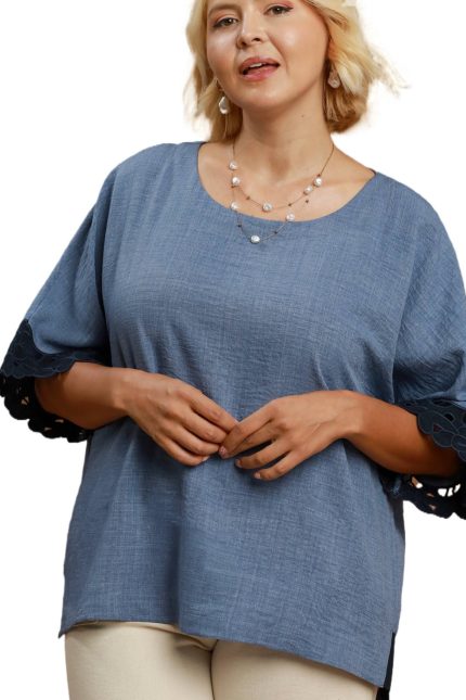 Plus Solid Lace Trim Dolman Sleeve Top