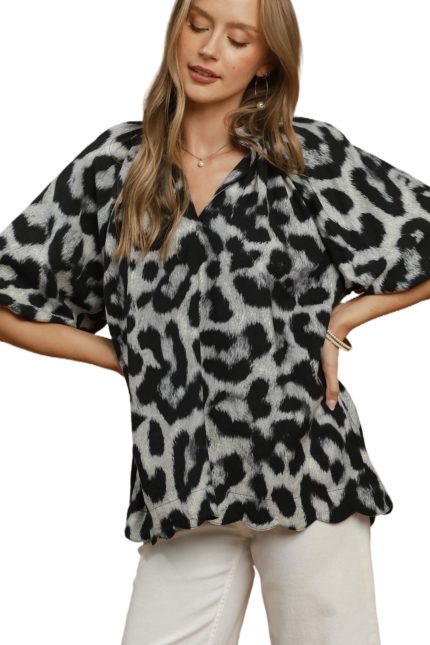 Animal Print Puff Sleeve Top