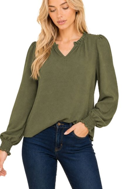 Solid Top With Ruffled V Neck Detail