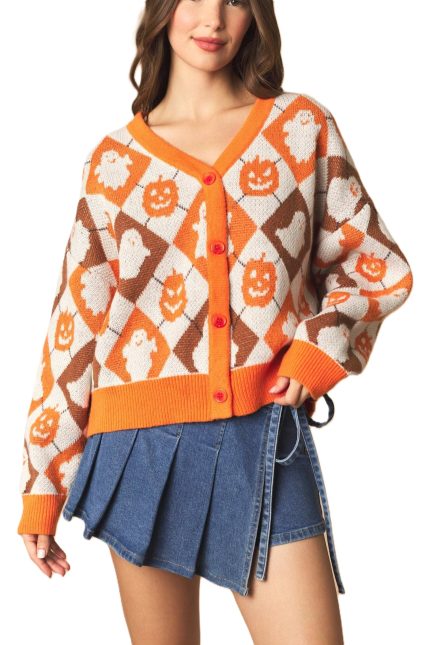 Argyle With Pumkin And Ghost Knit Cardigan