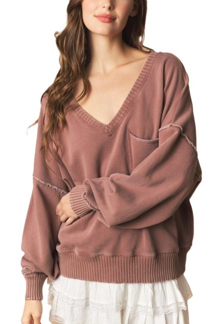 Garment Dye Mineral Washed V Neck Sweatshirt