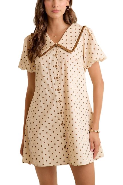 Polka Dot Peter Pan Ruffled Collar Puff Sleeves Dress