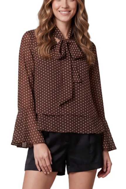 Bell Sleeve Polka Dot Woven Bow Top