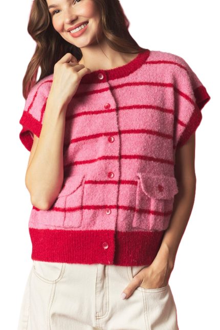 Pocket With Button Up Striped Vest Sweater Jacket