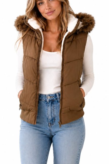 Snobbish Women's Sherpa-lined Faux Fur Hood Puffer Vest