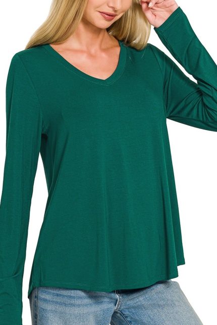 Flowy Round Hem V-neck Long Sleeve Top