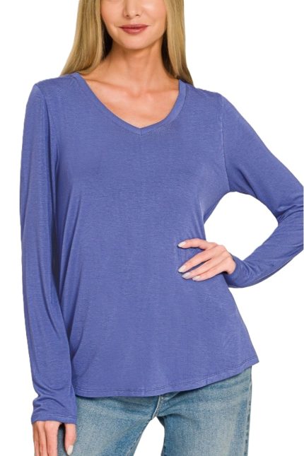 Plus Flowy Round Hem V-neck Long Sleeve Top