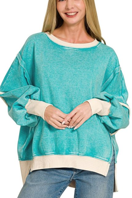 Fleece Acid Washed Contrast Trim Balloon Sleeve Sweatshirts