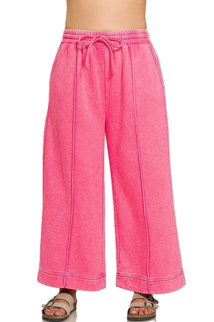 Plus Acid Washed Fleece Pintuck Wide Leg Cropped Pants