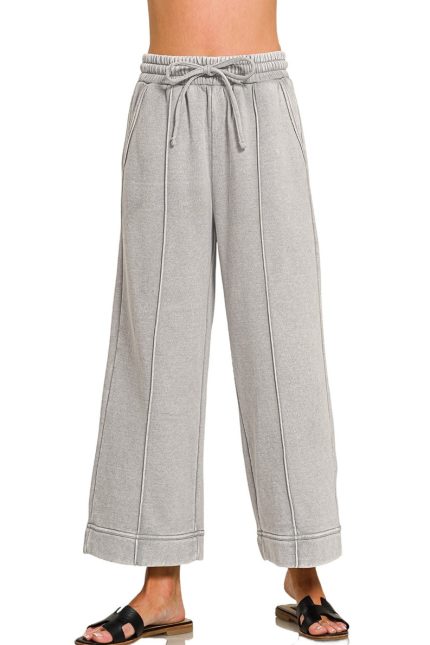 Acid Washed Fleece Pintuck Wide Leg Cropped Pants