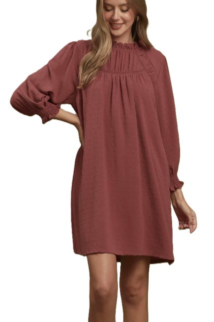 Textured Swiss Dot Ruffle Neck Dress