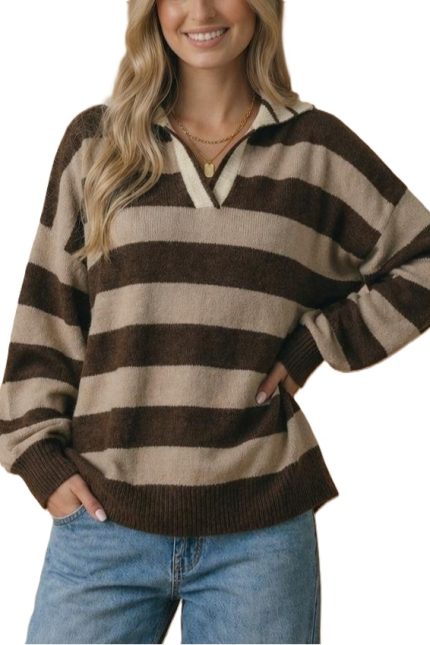 Notched Neck Wide Stripe Sweater Knit Top