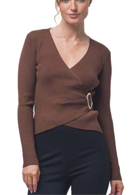 Ribbed Crossover Wrap-front Knit Blouse