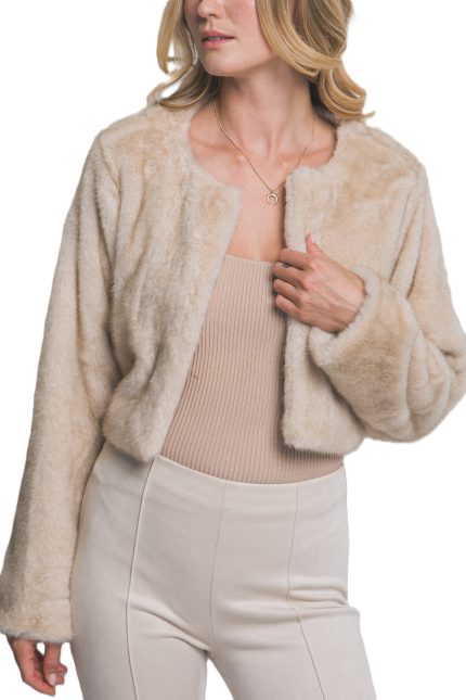Collarless Faux Fur Jacket
