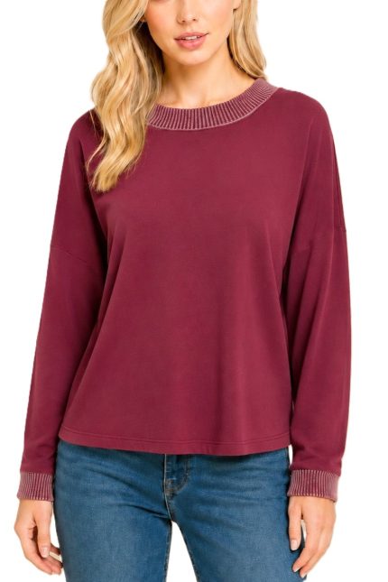 Ribbed Trim Long Sleeve Pullover Top
