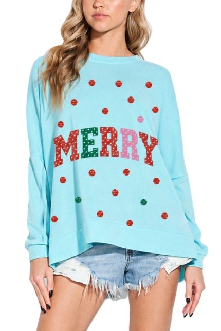 Merry Polka Dot Print Side Slit Long Sleeve Top
