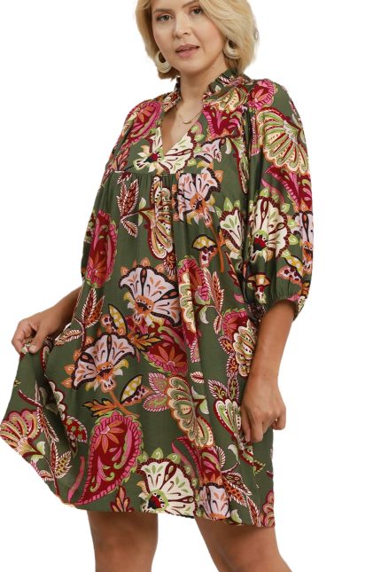 Plus Abstract Print Puff Sleeve Babydoll Dress