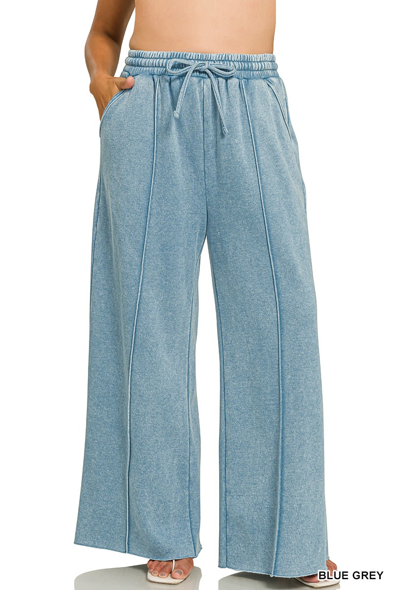 Plus Acid Washed Fleece Pintuck Wide Leg Pants