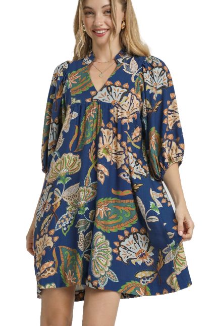 Plus Abstract Print Puff Sleeve Babydoll Dress