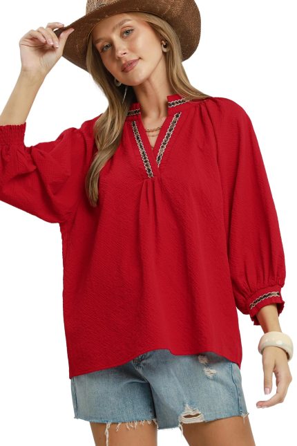 Puff Sleeves V Neck Collared Top