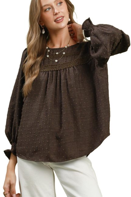 Swiss Dot Lace Yoke Peasant Blouse