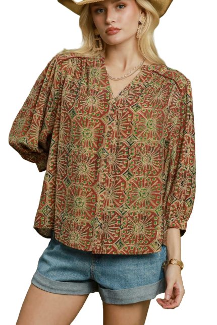 Abstract Print Button-front Blouse