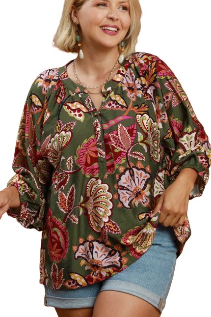 Plus Boho Paisley Puff Sleeve Blouse