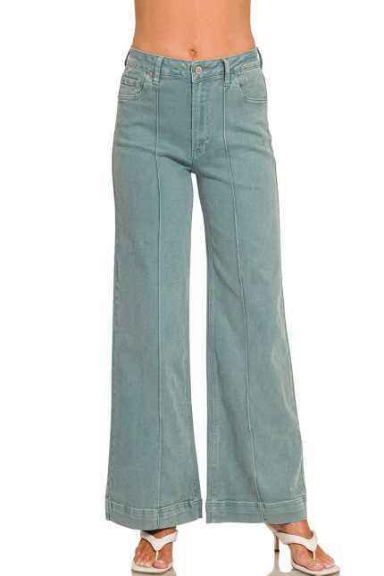 High Rise Wide Leg Pintuck Color Denim Pants