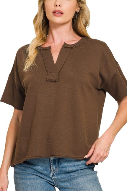 French Terry Split Neck Exposed Seam Top