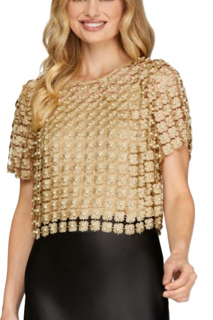 Lurex Crochet Lace Pearl Beaded Top