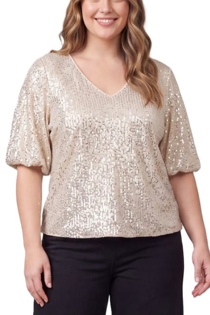 Plus Bubble Sleeve V Neck Sequin Top