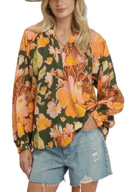 Floral Print Split Neck Blouse