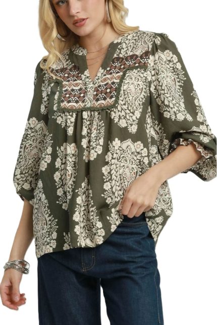 Boho Paisley Floral Contrast Yoke Blouse