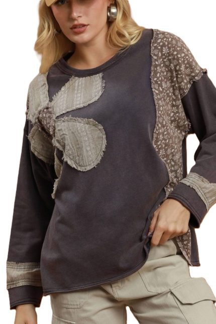 Mineral Wash Floral Patchwork Long Sleeve Top