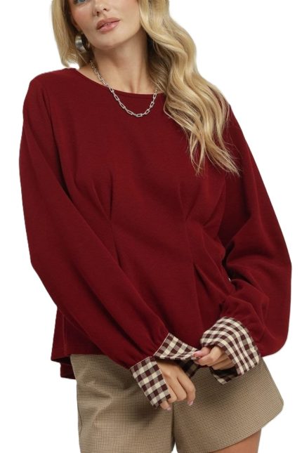 Pleated Waist Contrast Gingham Cuff Top