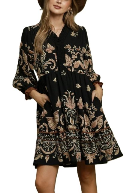 Boho Border Print Ruffle Mini Dress
