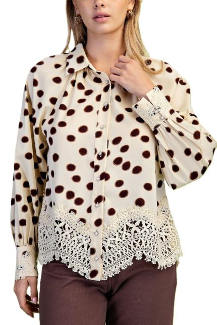 Polka-dot Button Down Balloon Sleeve Blouse