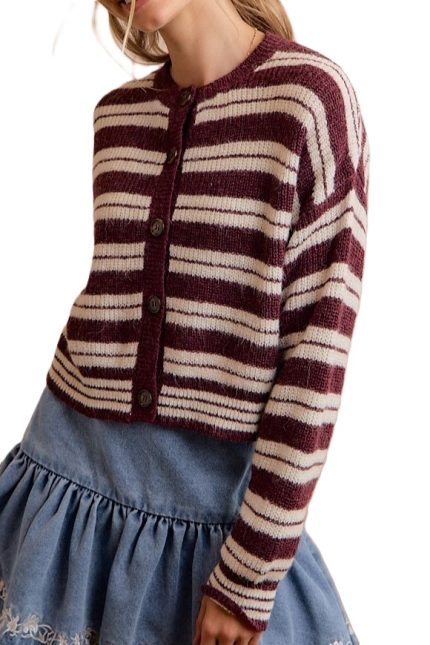 Stripe Crew Neck Front Button Closure Knit Sweater Cardigan